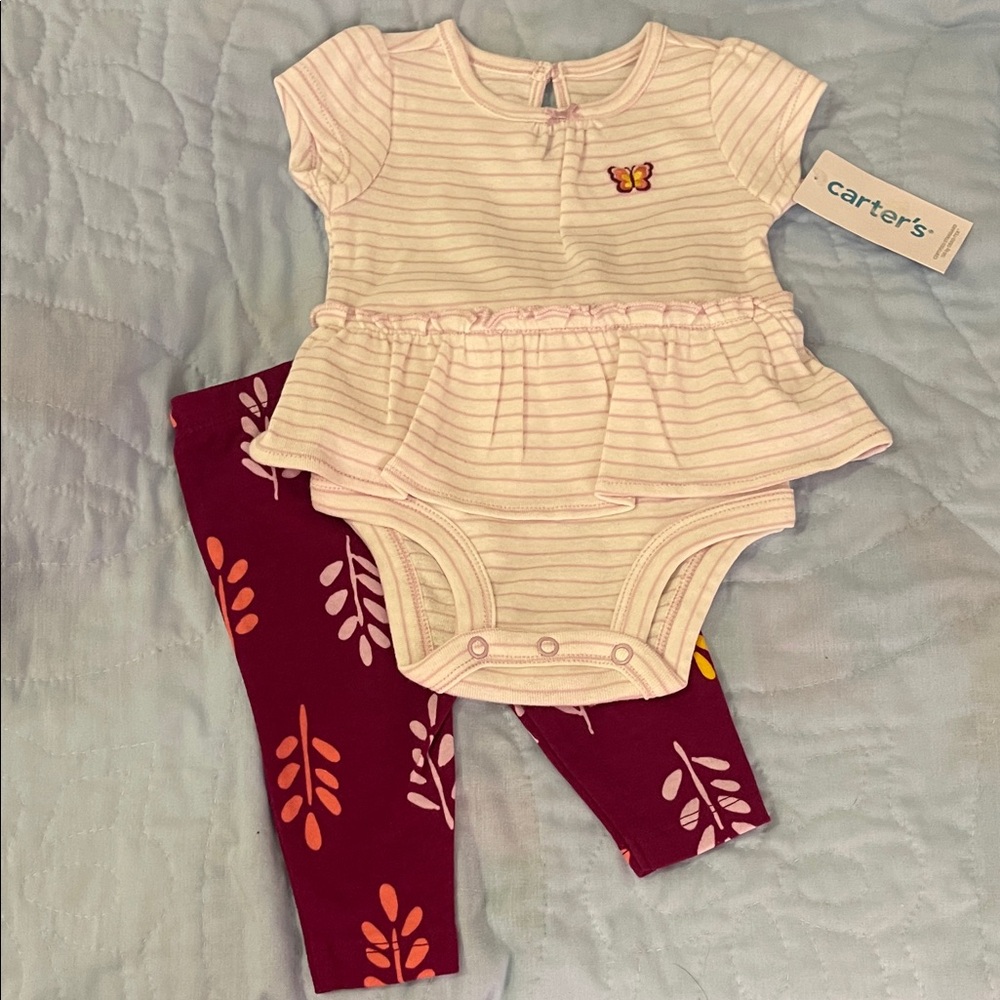 Carter's Pink Striped Onesie and Maroon Leggings Set